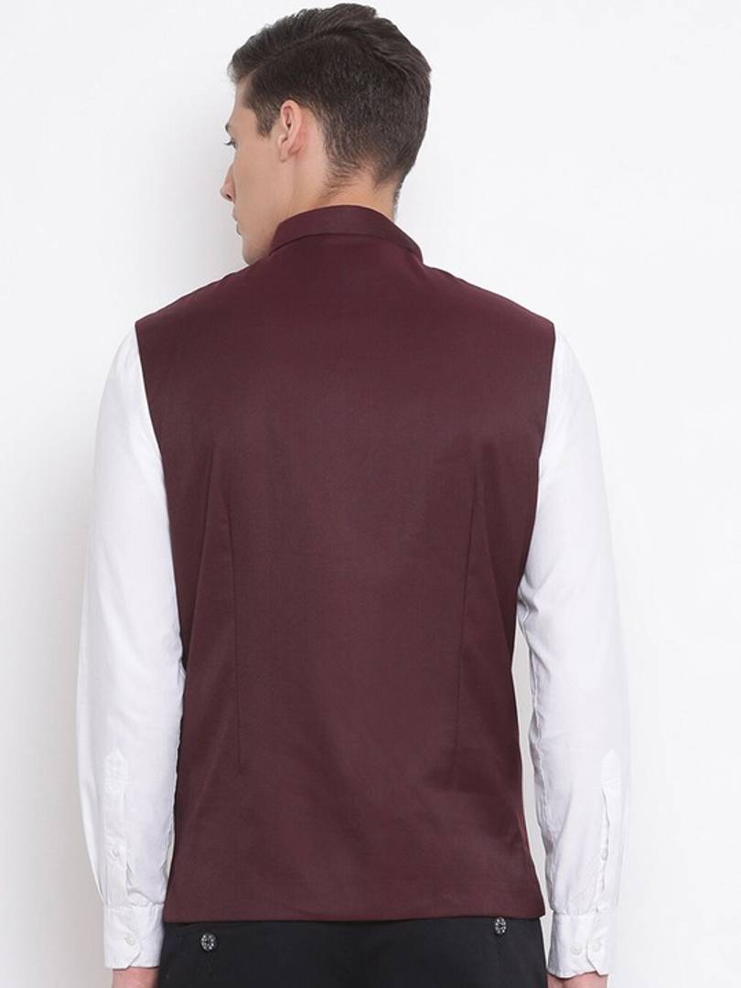 Men's Maroon 
Cotton Blend
 Solid
 Nehru Jackets